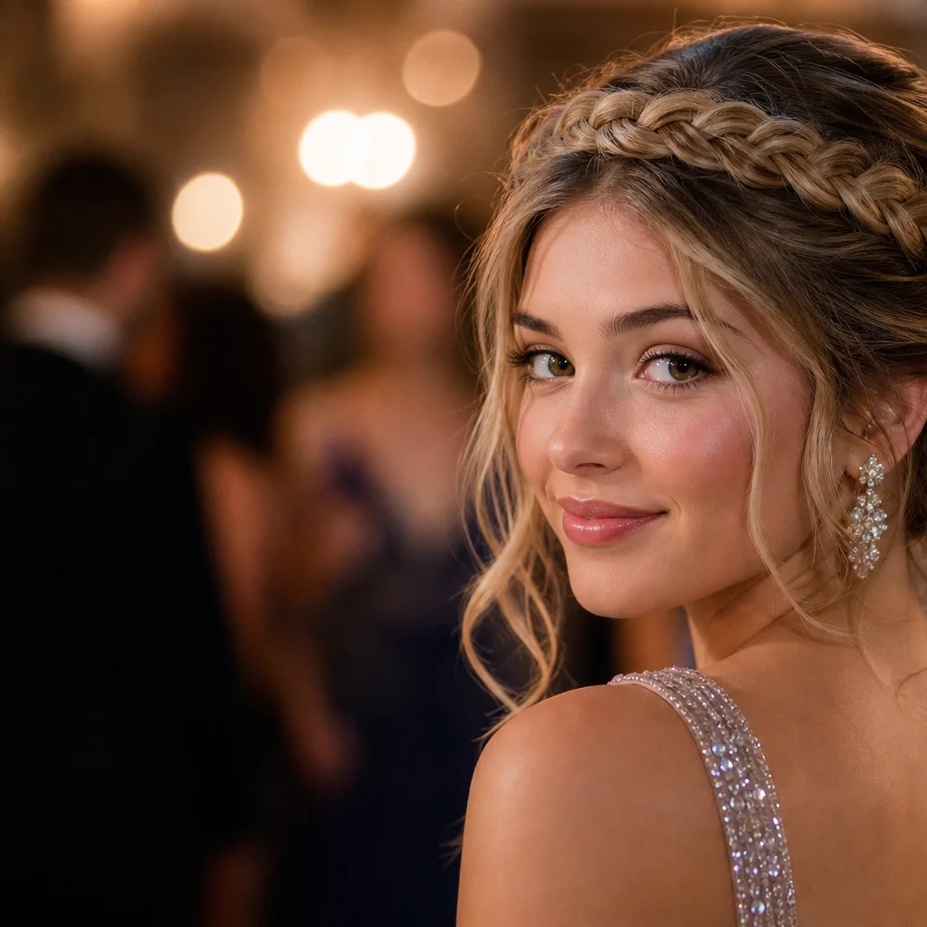 Circle braid prom hairstyle with halo braid wrapped around the crown