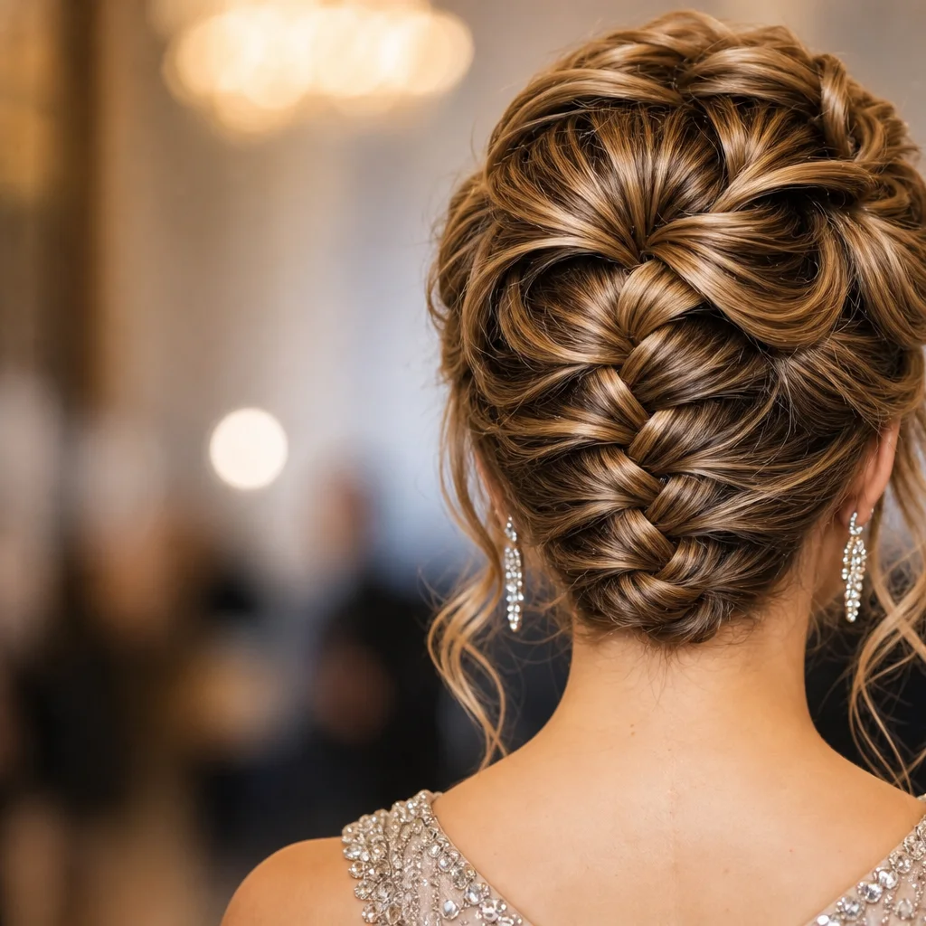 Reverse braided updo prom hairstyle with volume at the crown