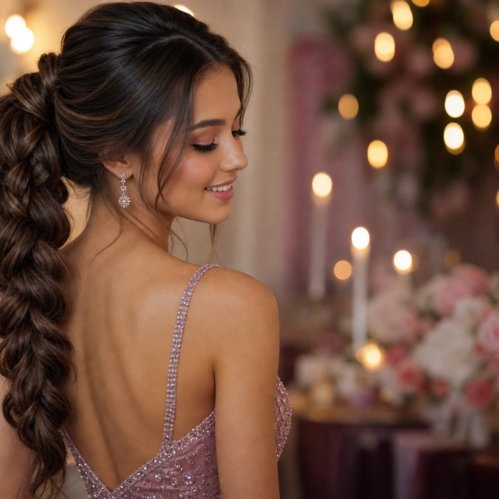 Thick braided ponytail prom hairstyle with voluminous long braid
