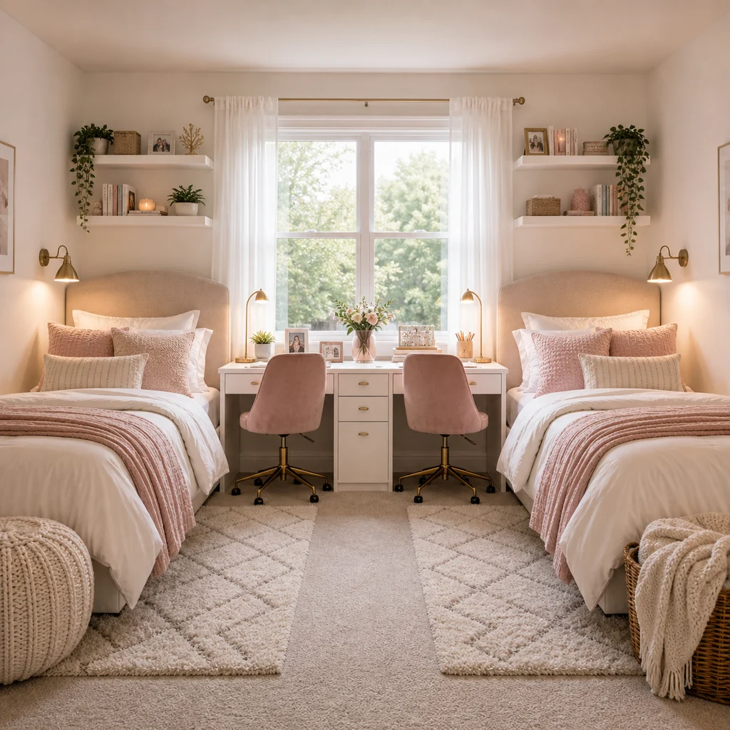 shared teen girls bedroom with two twin beds and individual shelves