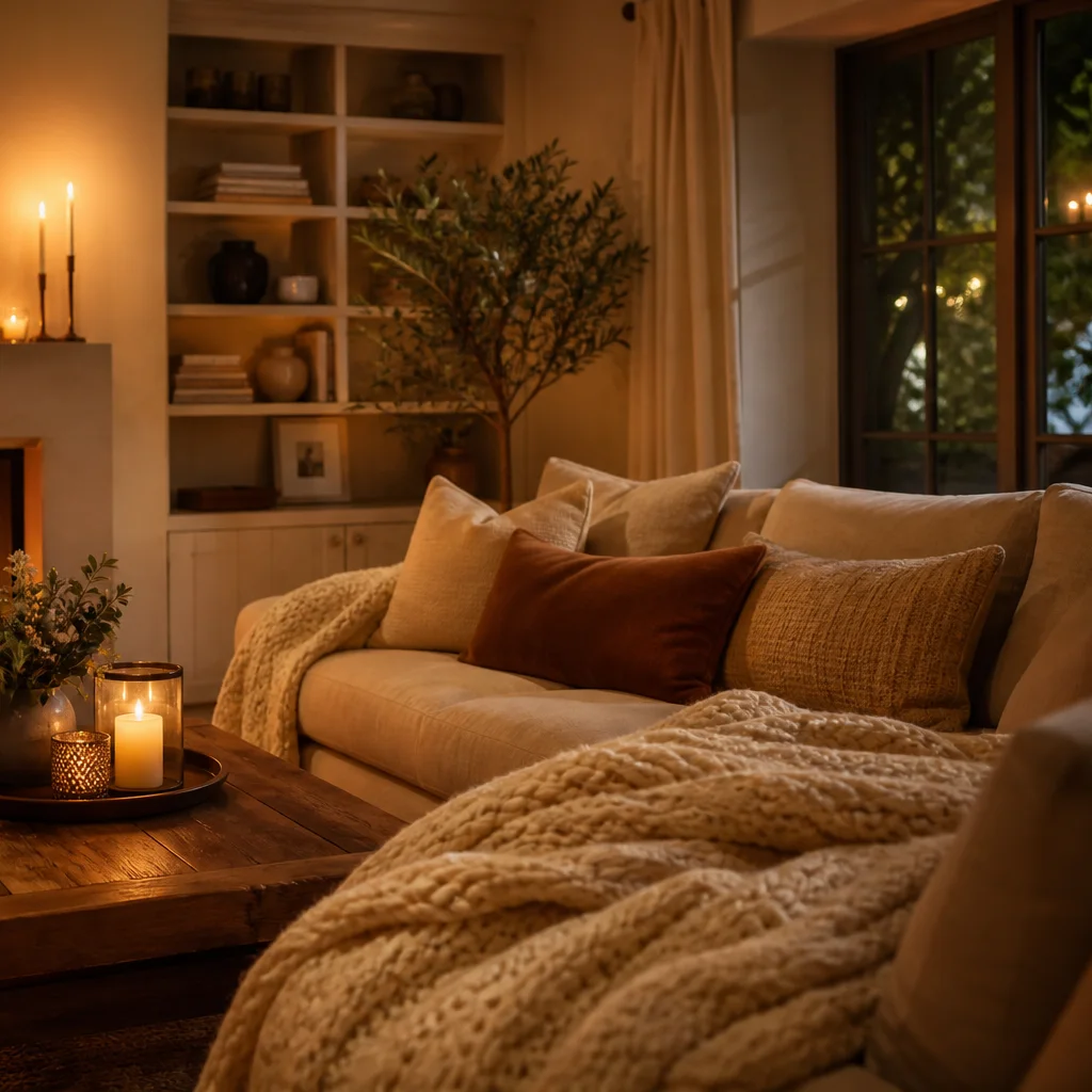 Cozy living room with warm soft lighting, plush blankets, and inviting neutral decor