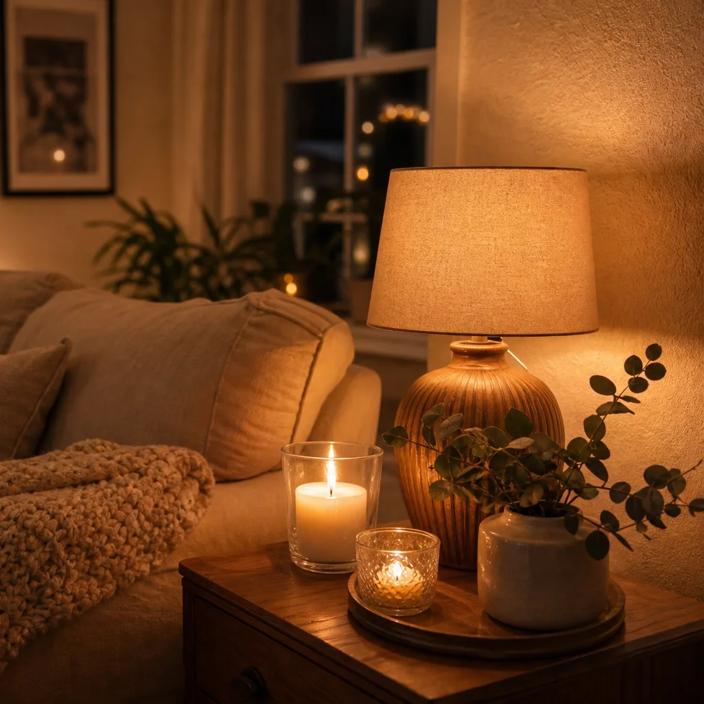 Soft home lighting with table lamps, candles, and warm fairy lights in a cozy living room