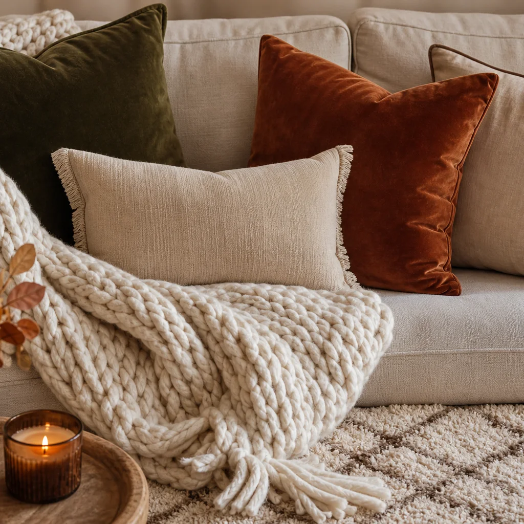 Layered cozy textures with knit throw blanket, velvet pillows, and soft area rug on a sofa