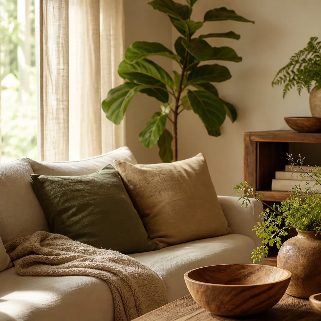 Natural home decor with houseplants, wooden bowls, and earthy linen accents on a shelf