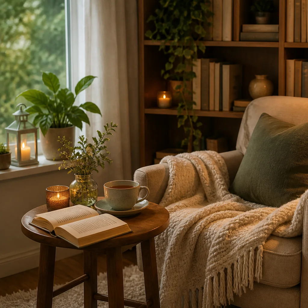 Cozy reading nook with armchair, soft throw blanket, side table, and warm lamp light