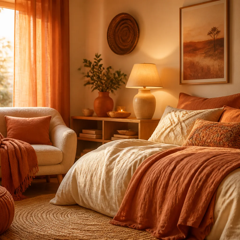 Warm color palette cozy living room with terracotta, cream, and soft orange accent decor