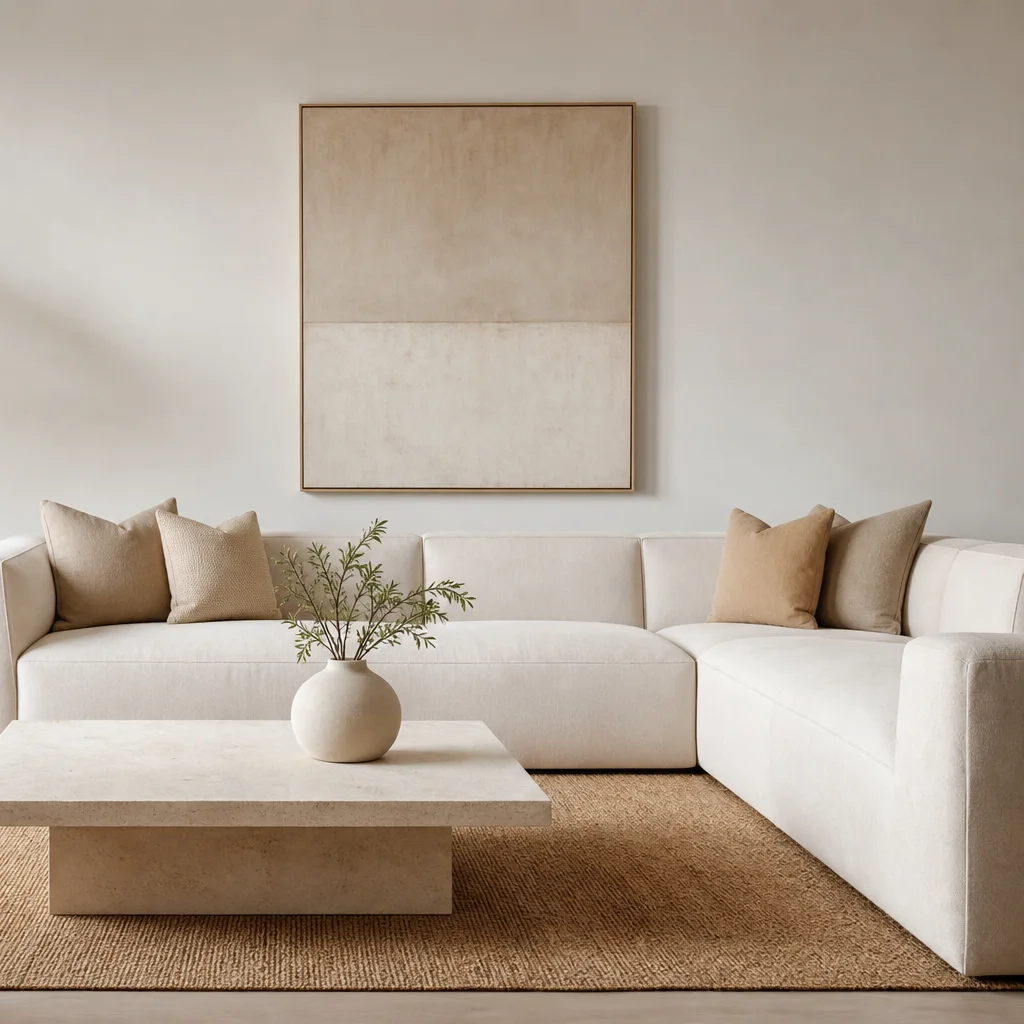 Serene minimalist living room with neutral furniture open space and soft natural light