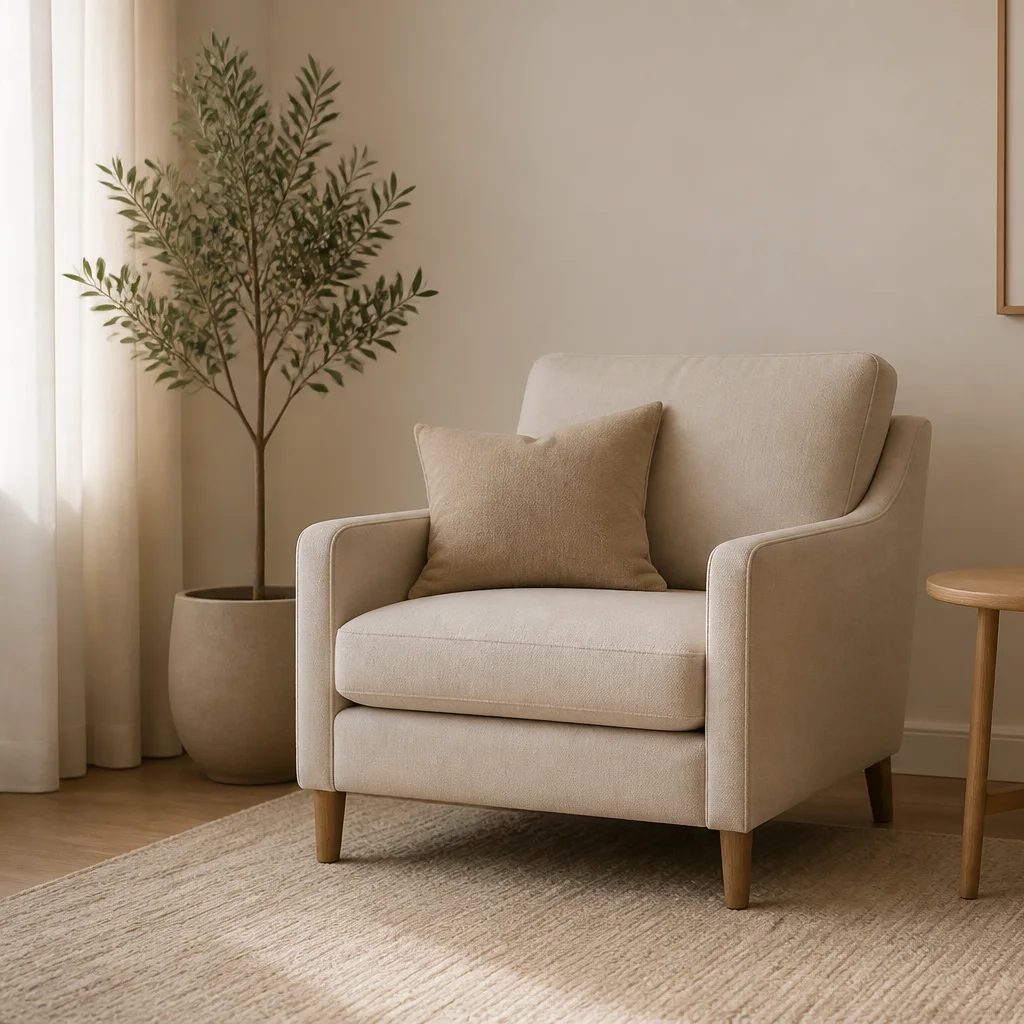 Calm minimalist living room with neutral tones and open space reducing visual clutter