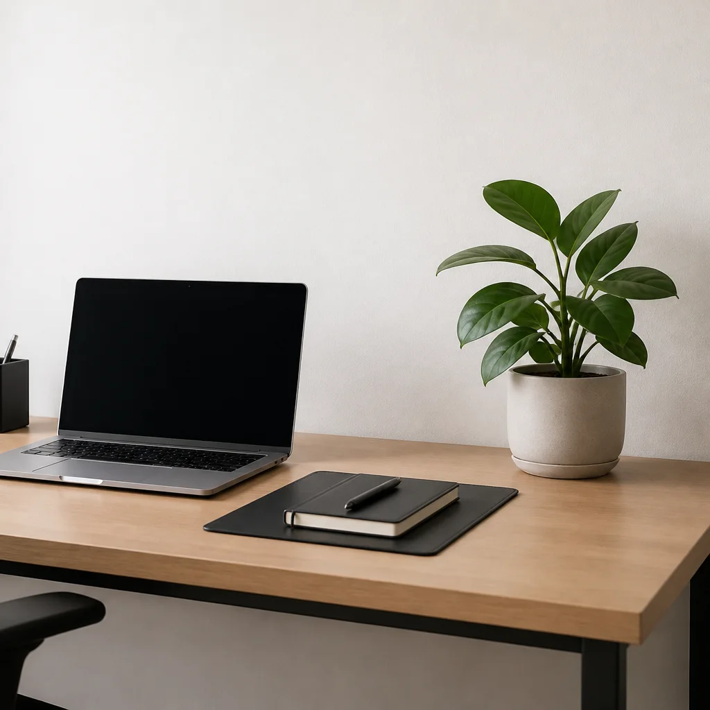 Minimalist home office desk with clean surface laptop and natural light for focused work