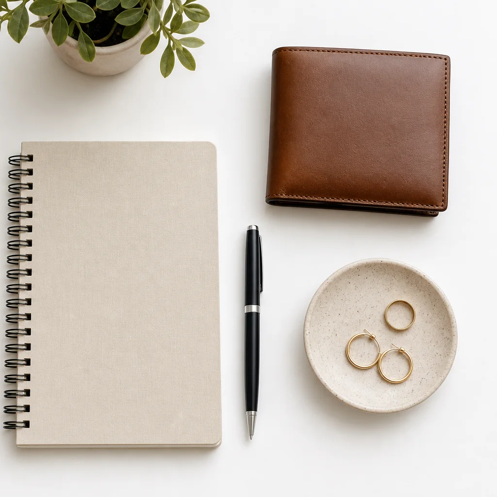 Minimalist budgeting flat lay with notebook coffee and simple wallet on clean table