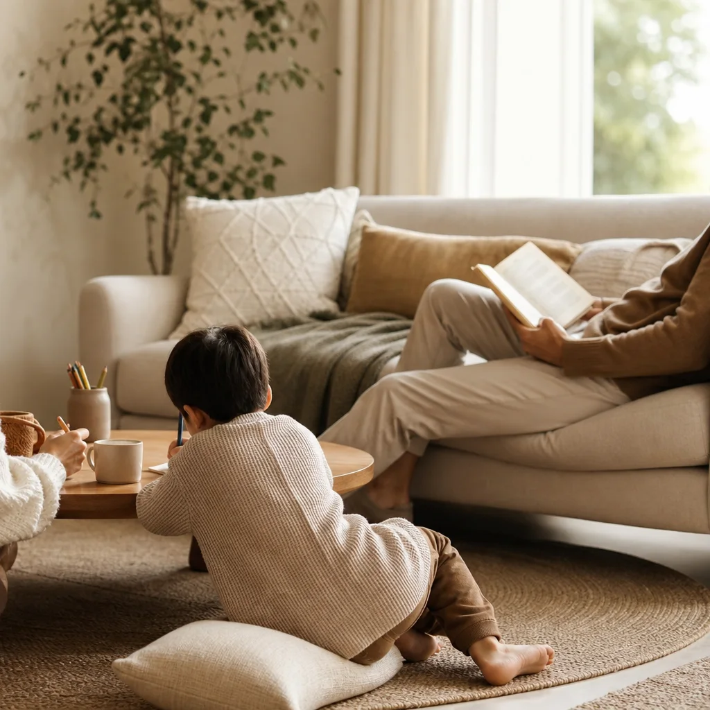 Family spending quality time in a simple uncluttered living room with warm natural light