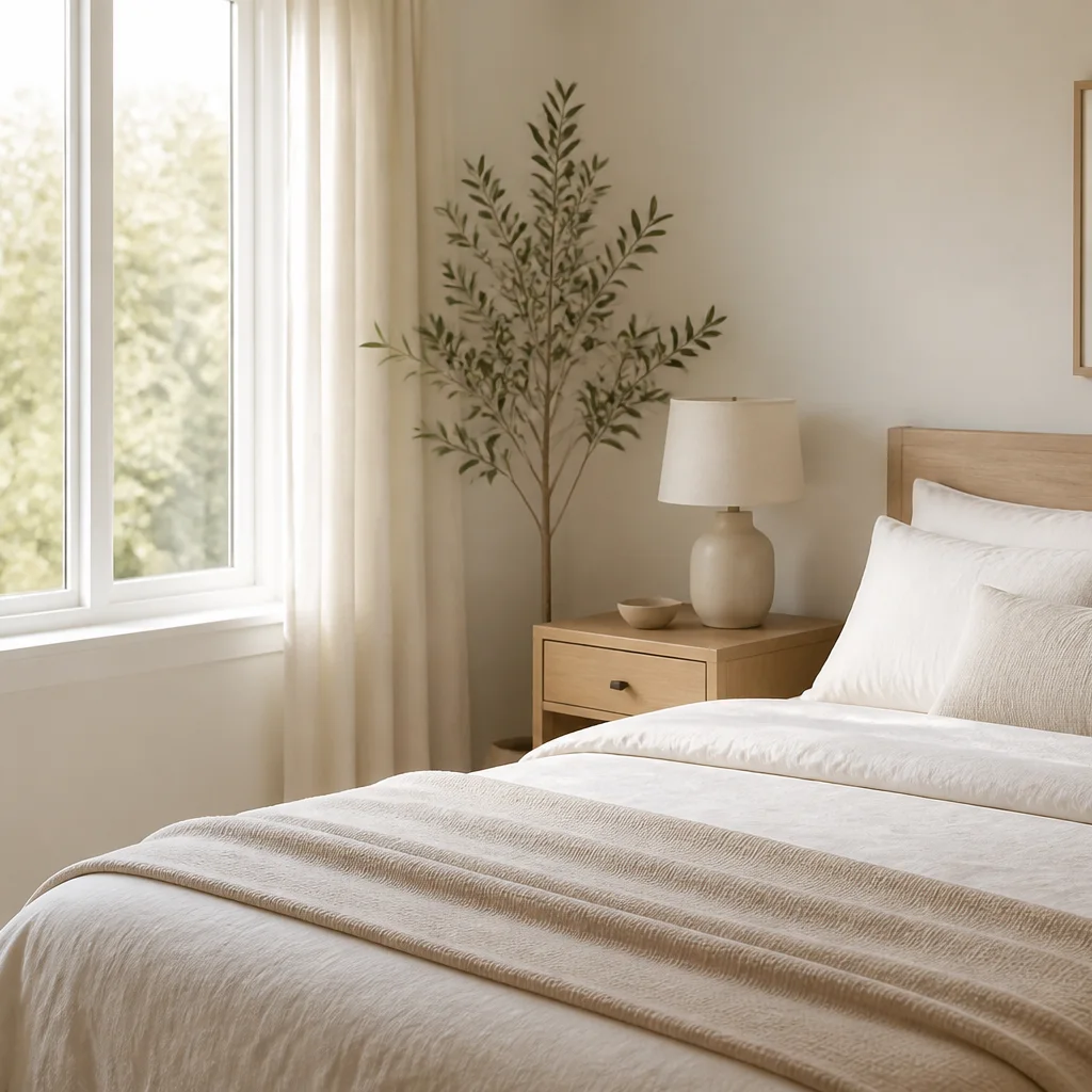 Peaceful minimalist bedroom with neutral bedding soft light and clutter free nightstand