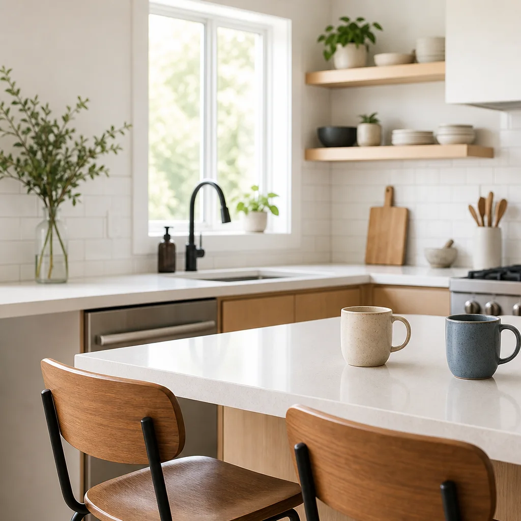 Couple enjoying coffee in a tidy minimalist kitchen with simple decor and open counter space