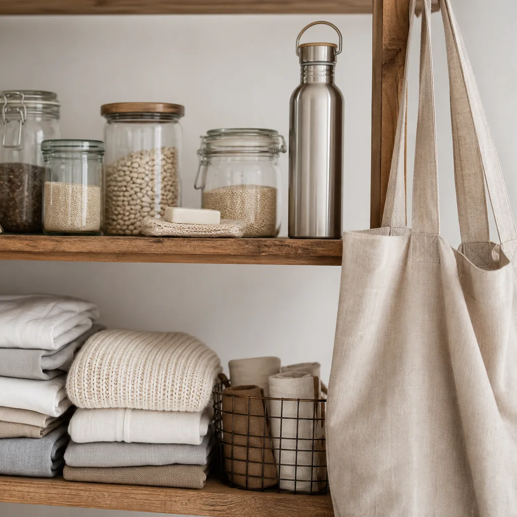 Sustainable minimalist home essentials with reusable bottles jars and quality basics