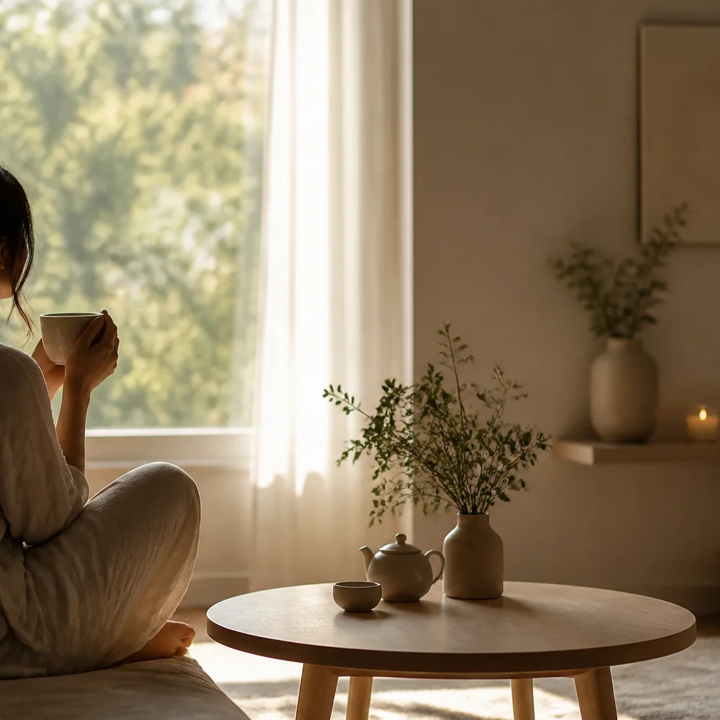 Woman enjoying quiet mindful moment with tea by window in minimalist sunlit home