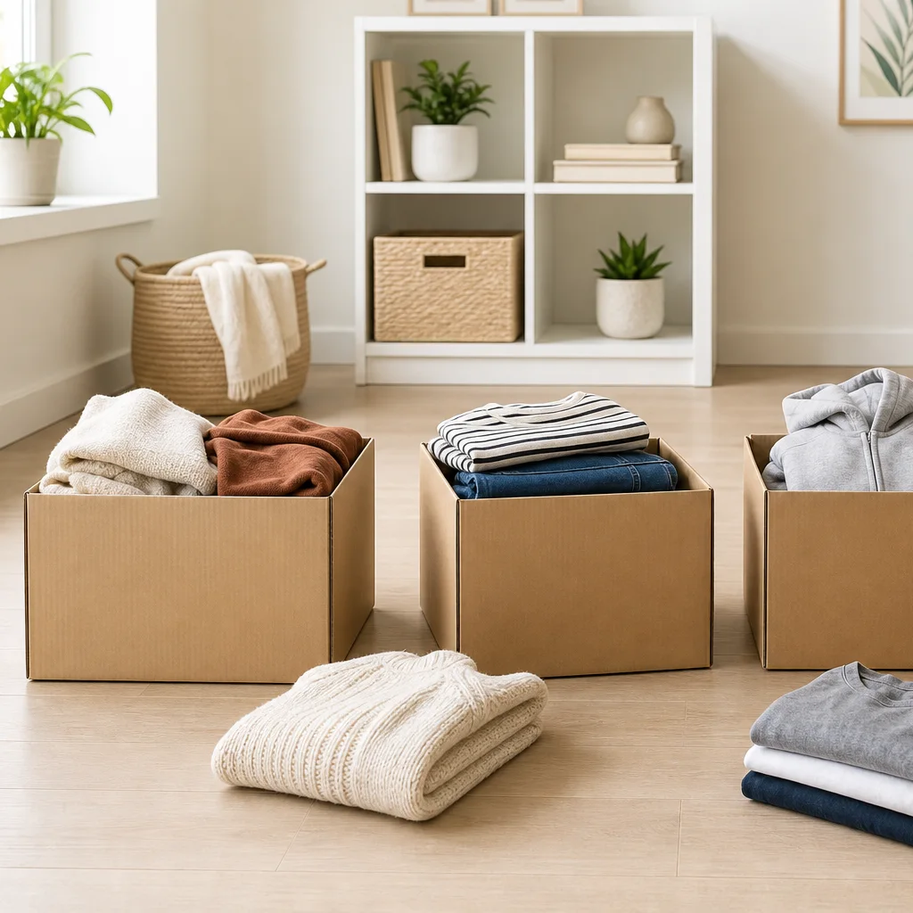 Minimalist declutter checklist with labeled boxes keep donate and recycle on clean floor
