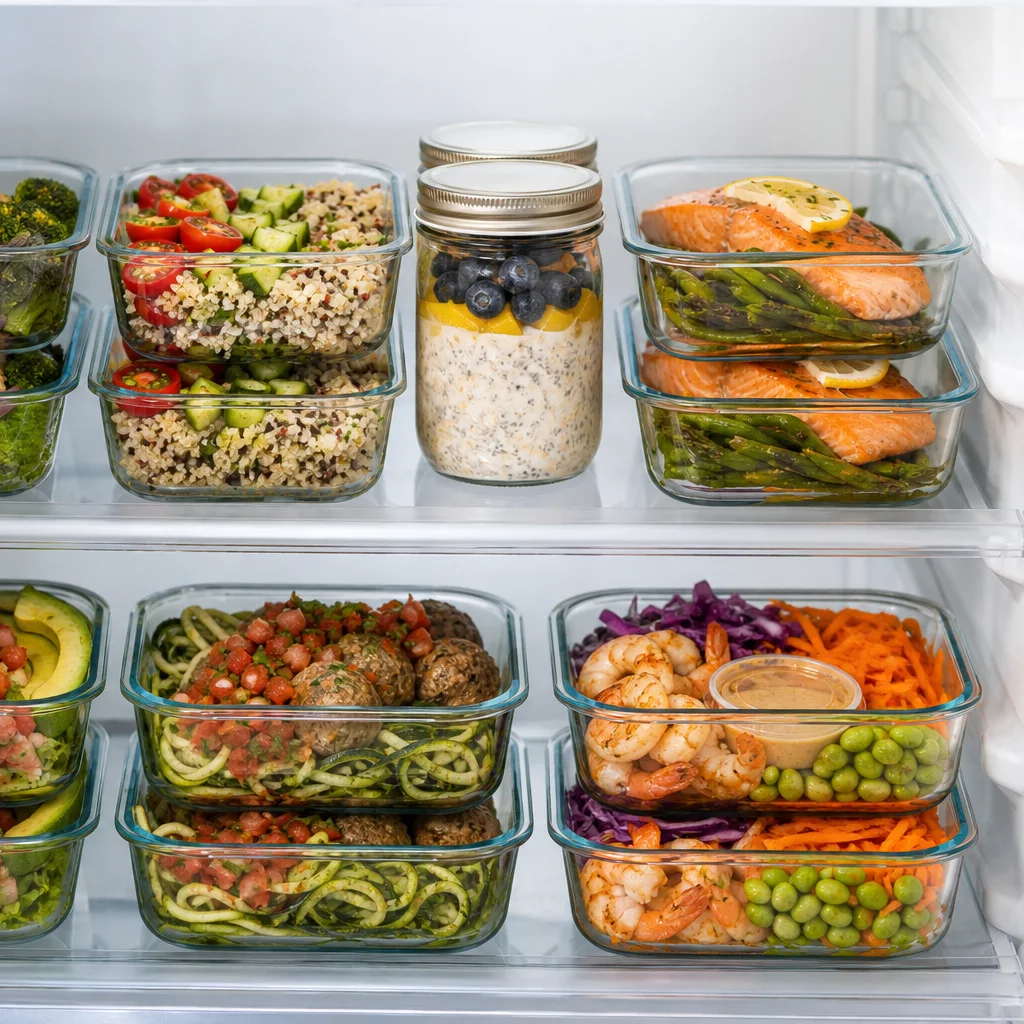 Colorful weekly meal prep containers showing balanced healthy meals organized in a refrigerator