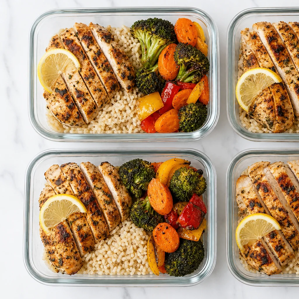 Grilled chicken with roasted broccoli carrots and bell peppers in glass meal prep containers