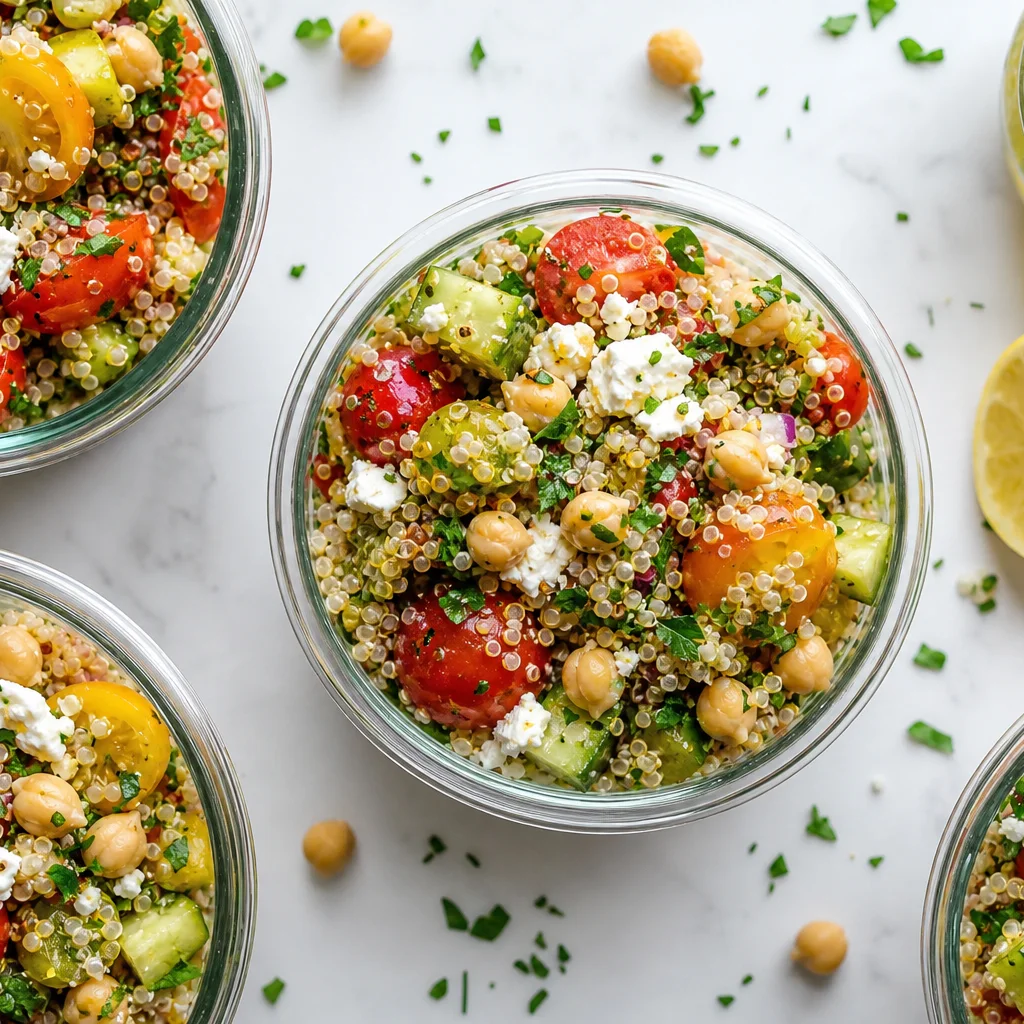 Colorful quinoa salad bowls with cherry tomatoes cucumber chickpeas and feta in meal prep containers