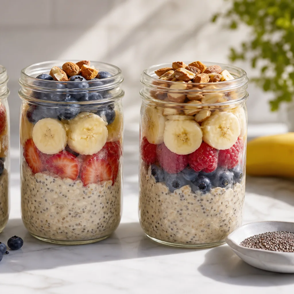 Overnight oats jars with berries banana and chia seeds lined up for healthy breakfast meal prep