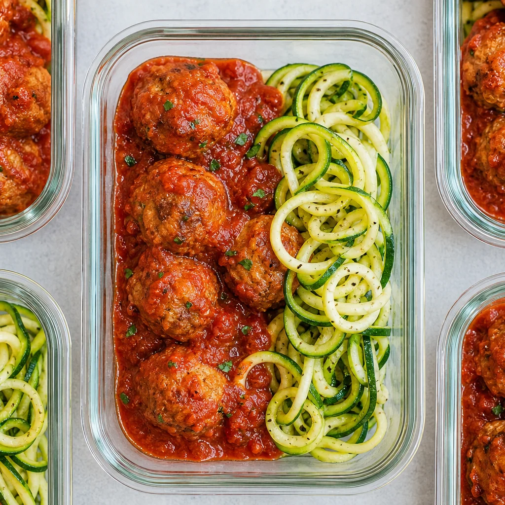 Turkey meatballs with marinara sauce and spiralized zucchini noodles in meal prep containers