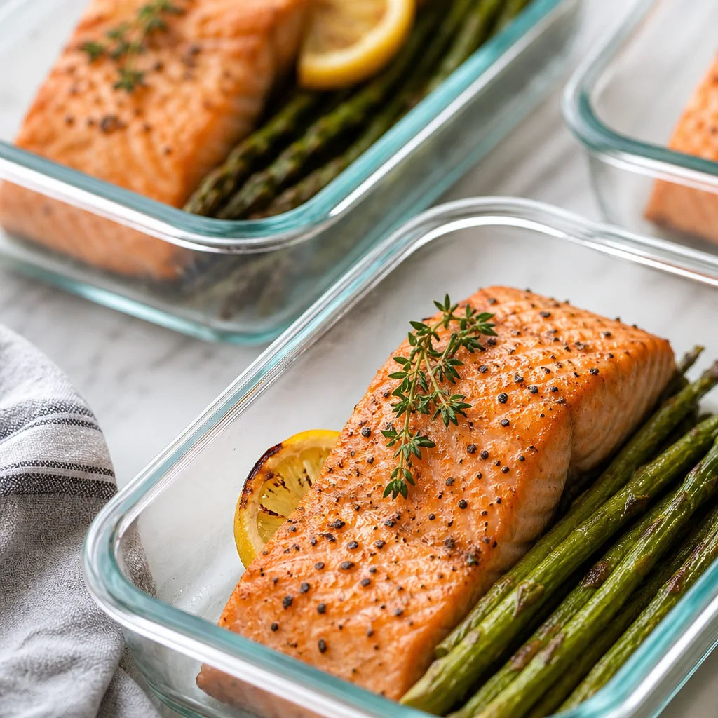Sheet pan salmon fillets with roasted asparagus and lemon slices in glass meal prep containers