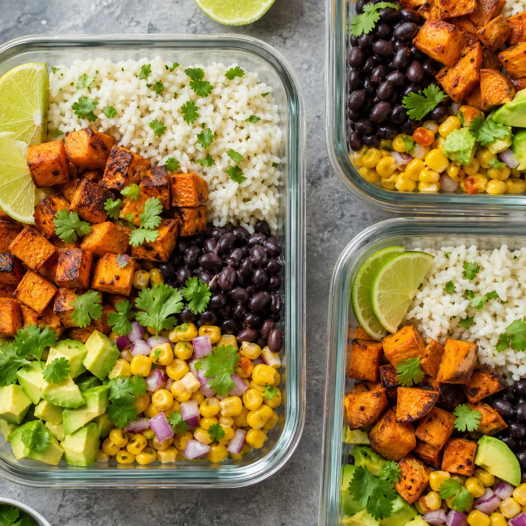 Black bean and roasted sweet potato burrito bowls with corn avocado and cilantro lime rice