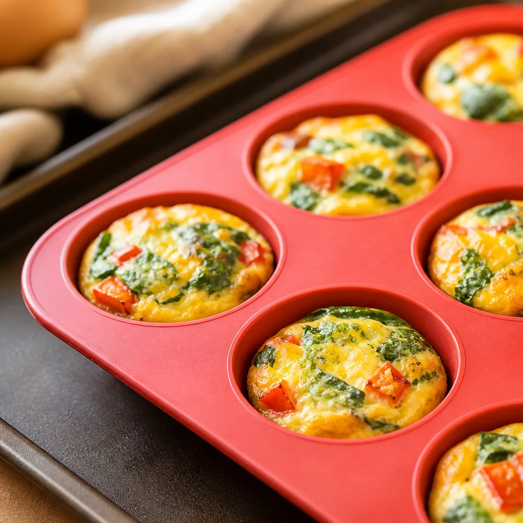 Baked egg muffin cups with spinach bell pepper and cheese in a muffin tin for grab and go breakfast