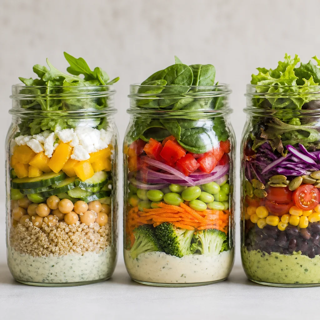 Layered mason jar salads with dressing at bottom greens and protein on top for weekly lunch prep