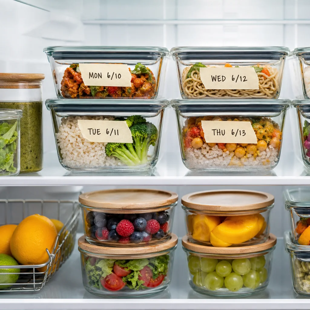 Labeled glass meal prep containers stacked in a refrigerator with masking tape dates