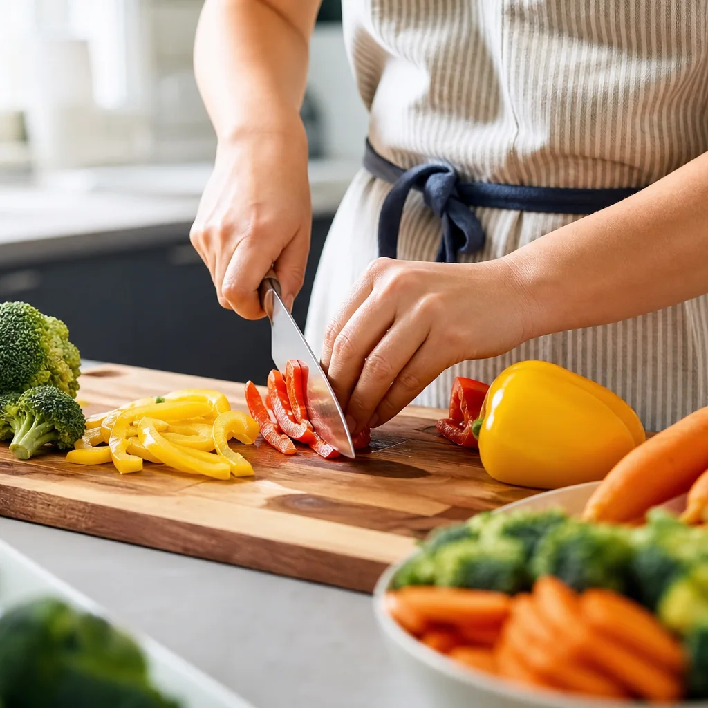 Hands chopping fresh vegetables during a Sunday meal prep session in a modern kitchen