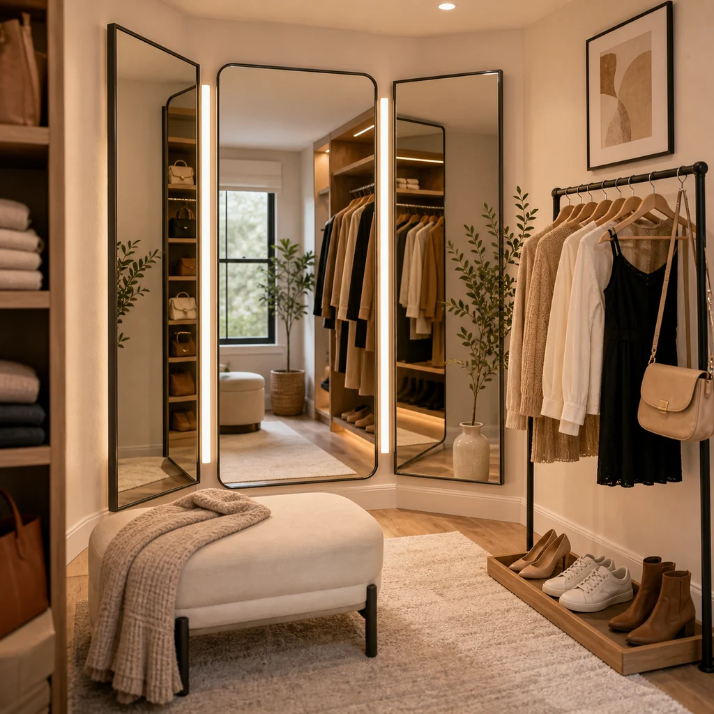 budget friendly dressing room with modular shelves clothing rails mirror and baskets