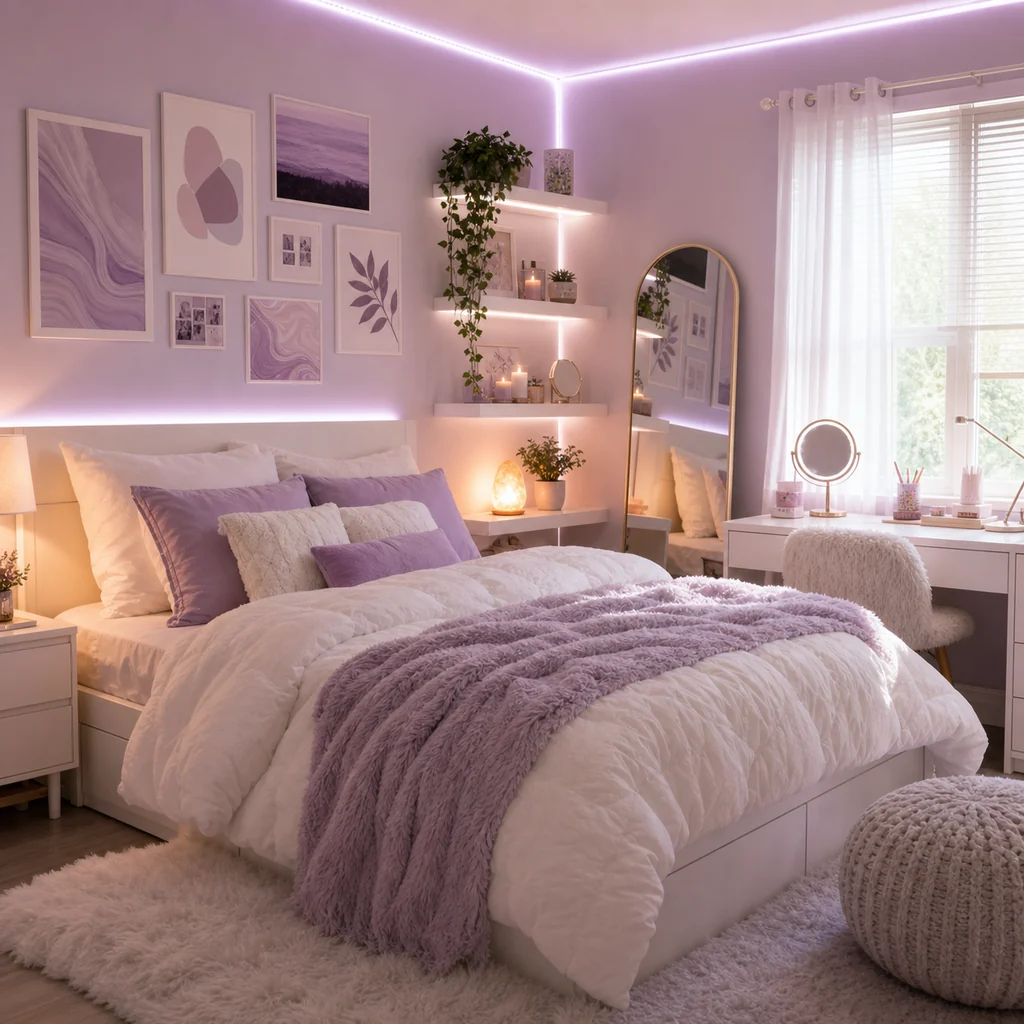 aesthetic teen girls bedroom with soft LED lighting and pastel decor