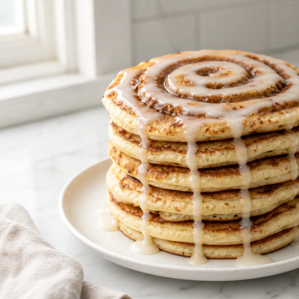 Stack of cinnamon roll pancakes with cinnamon swirl and cream cheese glaze on a white plate