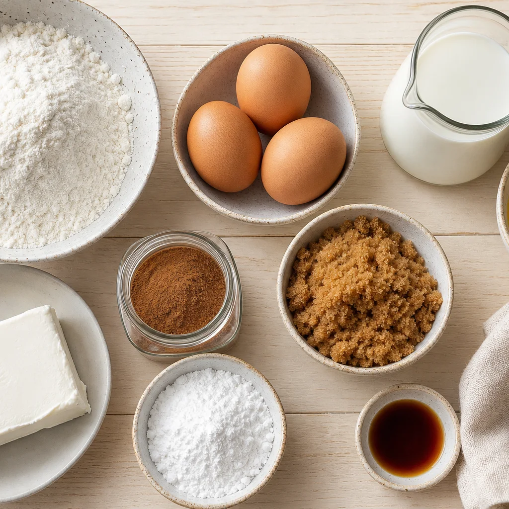 Cinnamon roll pancake ingredients including flour eggs milk butter brown sugar cinnamon and cream cheese on a counter