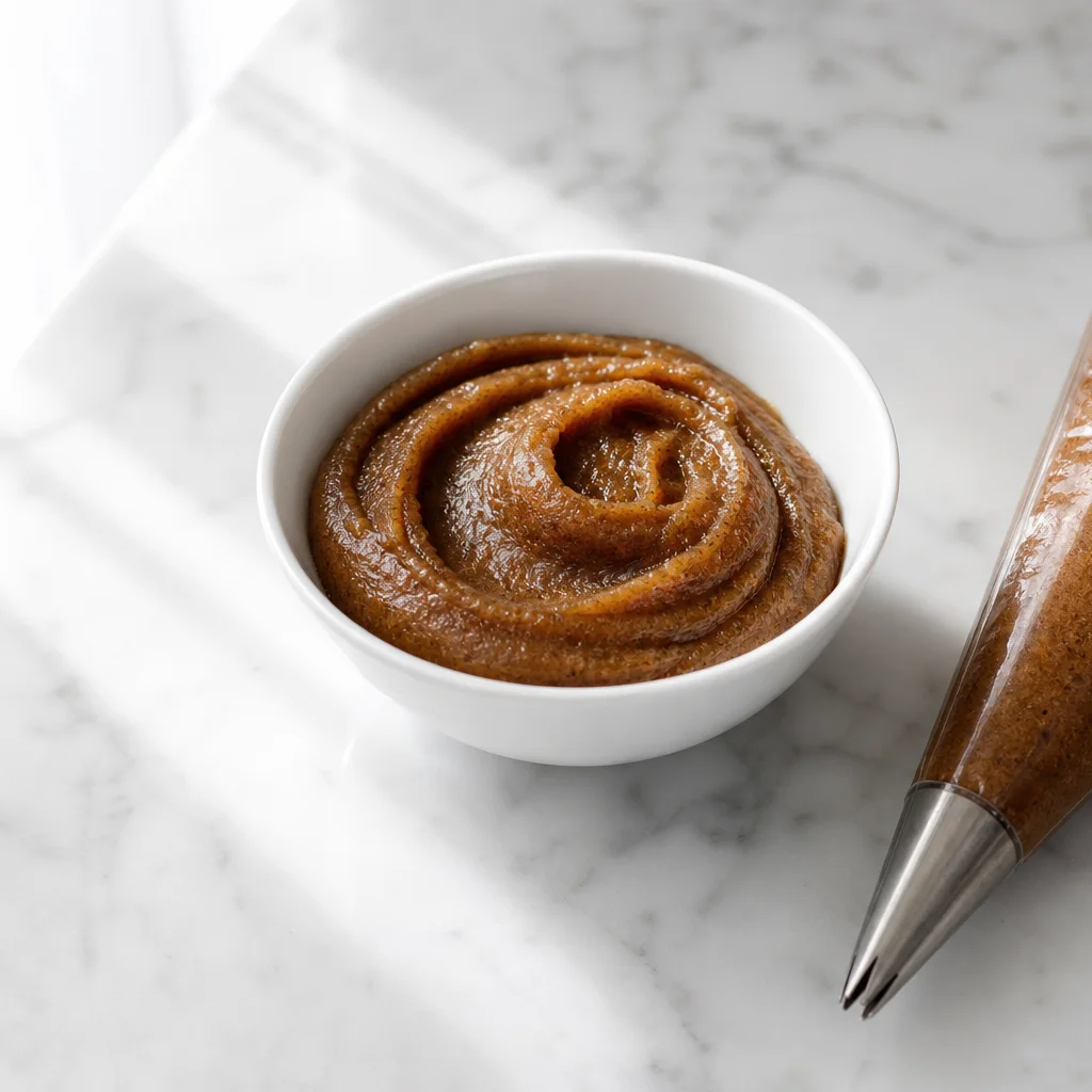 Cinnamon brown sugar swirl mixture in a small bowl next to a piping bag