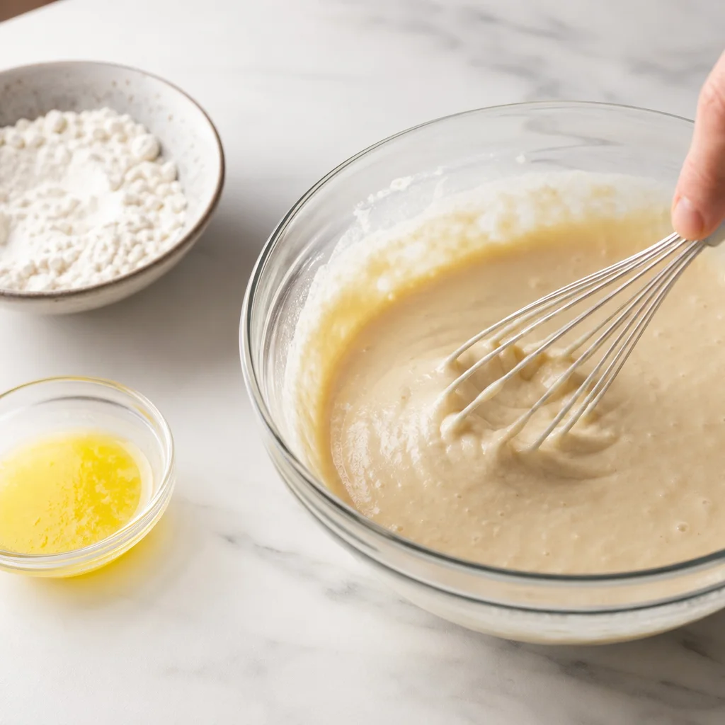 Pancake batter being whisked in a glass mixing bowl on a kitchen counter