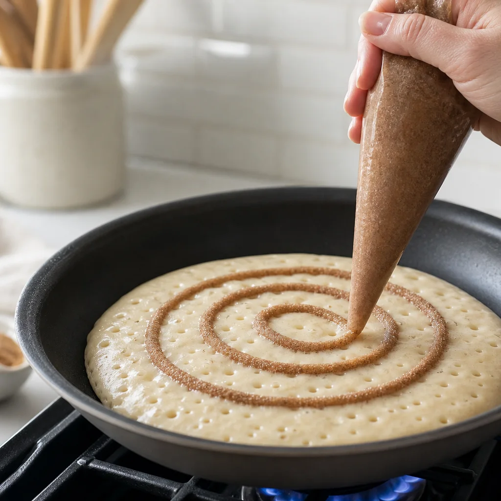 Cinnamon swirl being piped onto a pancake cooking in a non-stick skillet