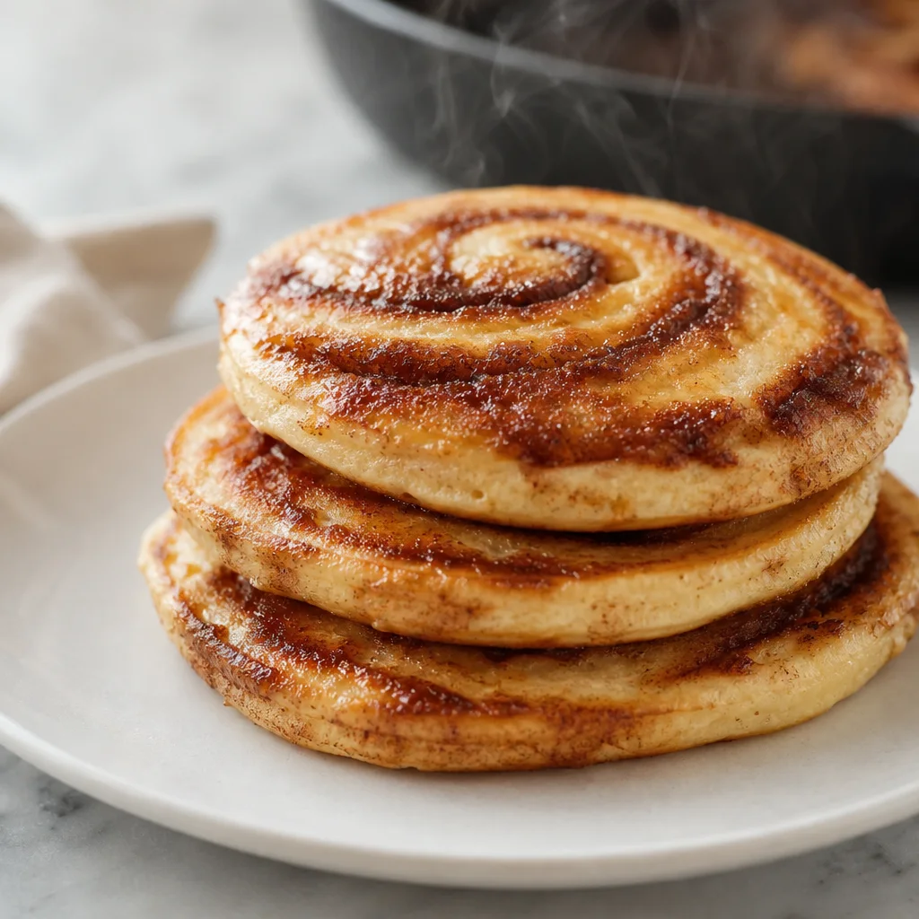 Golden cinnamon roll pancakes stacked on a plate fresh from the skillet