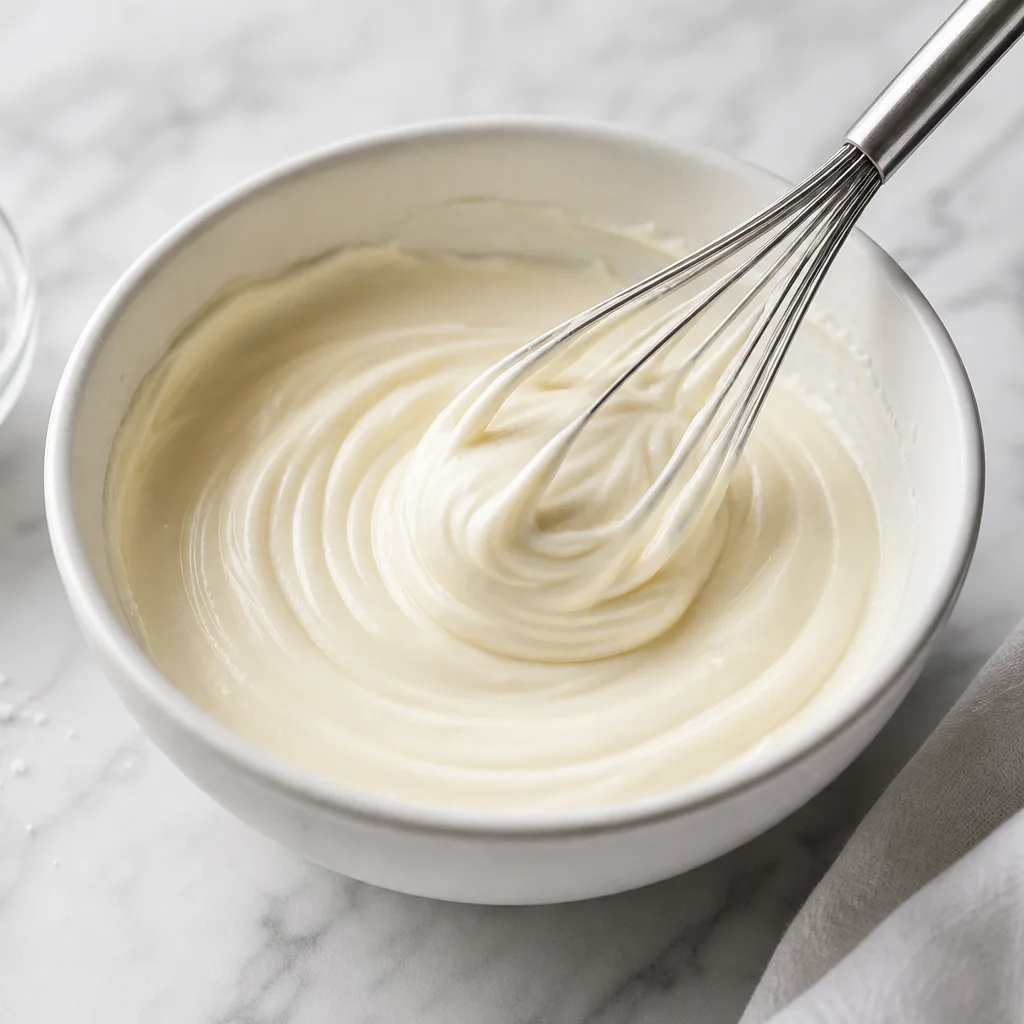 Cream cheese glaze being whisked in a small white bowl until smooth