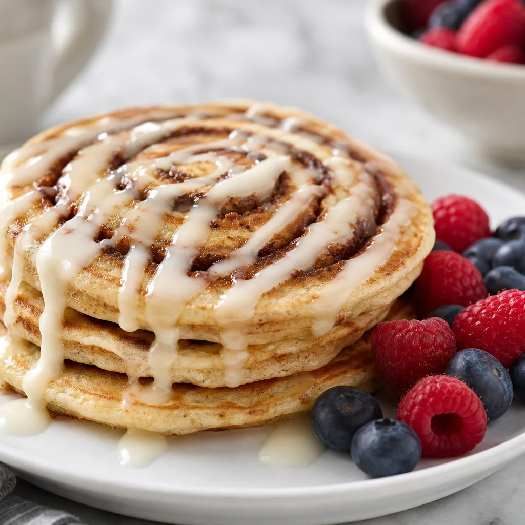Cinnamon roll pancakes on a white plate drizzled with cream cheese glaze and fresh berries