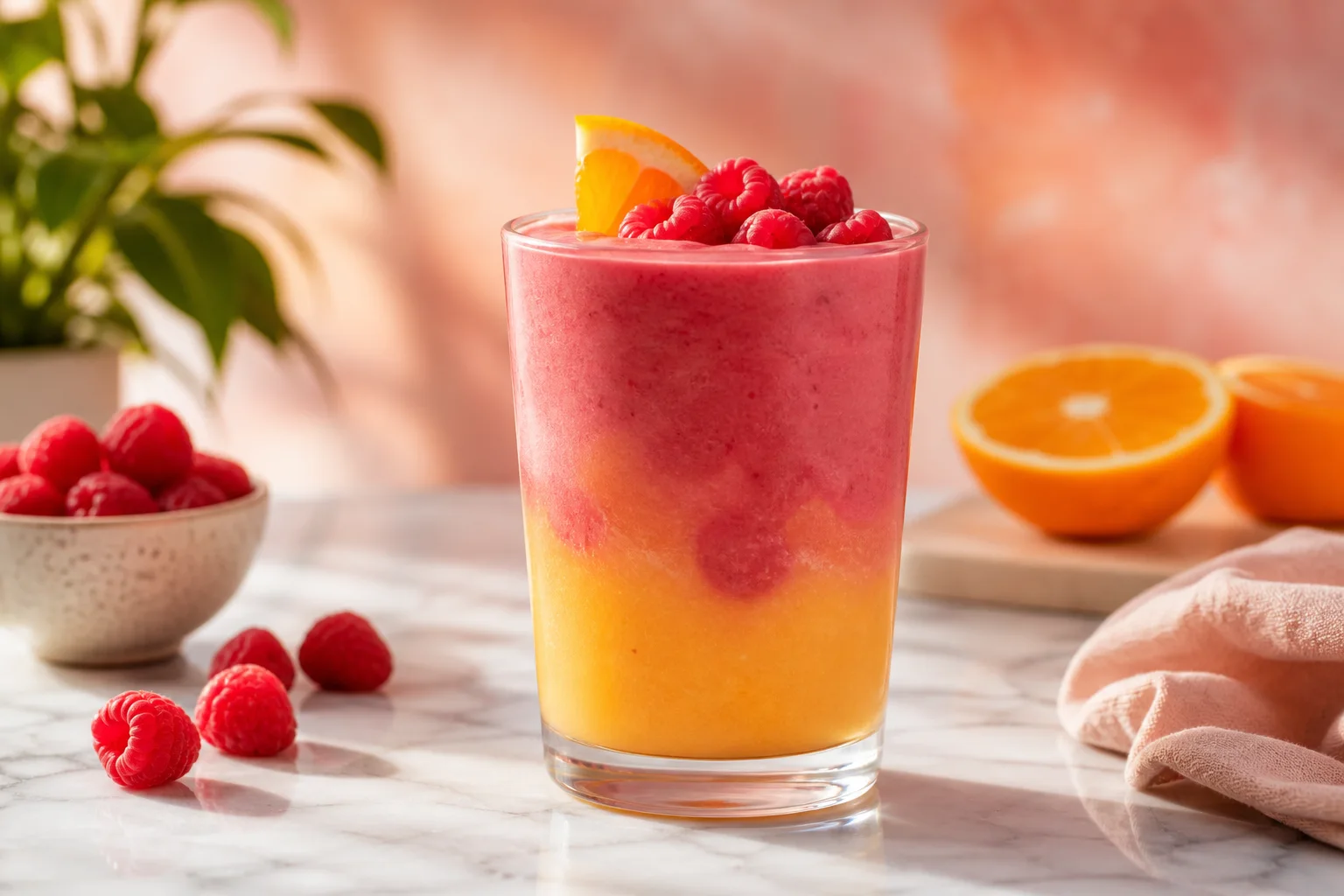 Layered raspberry sunrise smoothie in a clear glass with pink and orange gradient on a bright kitchen counter