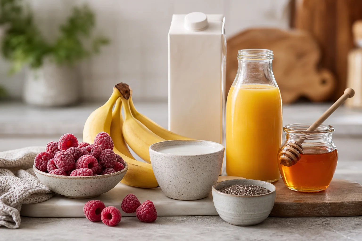 Raspberry sunrise smoothie ingredients including frozen raspberries banana coconut milk orange juice honey and chia seeds on a counter