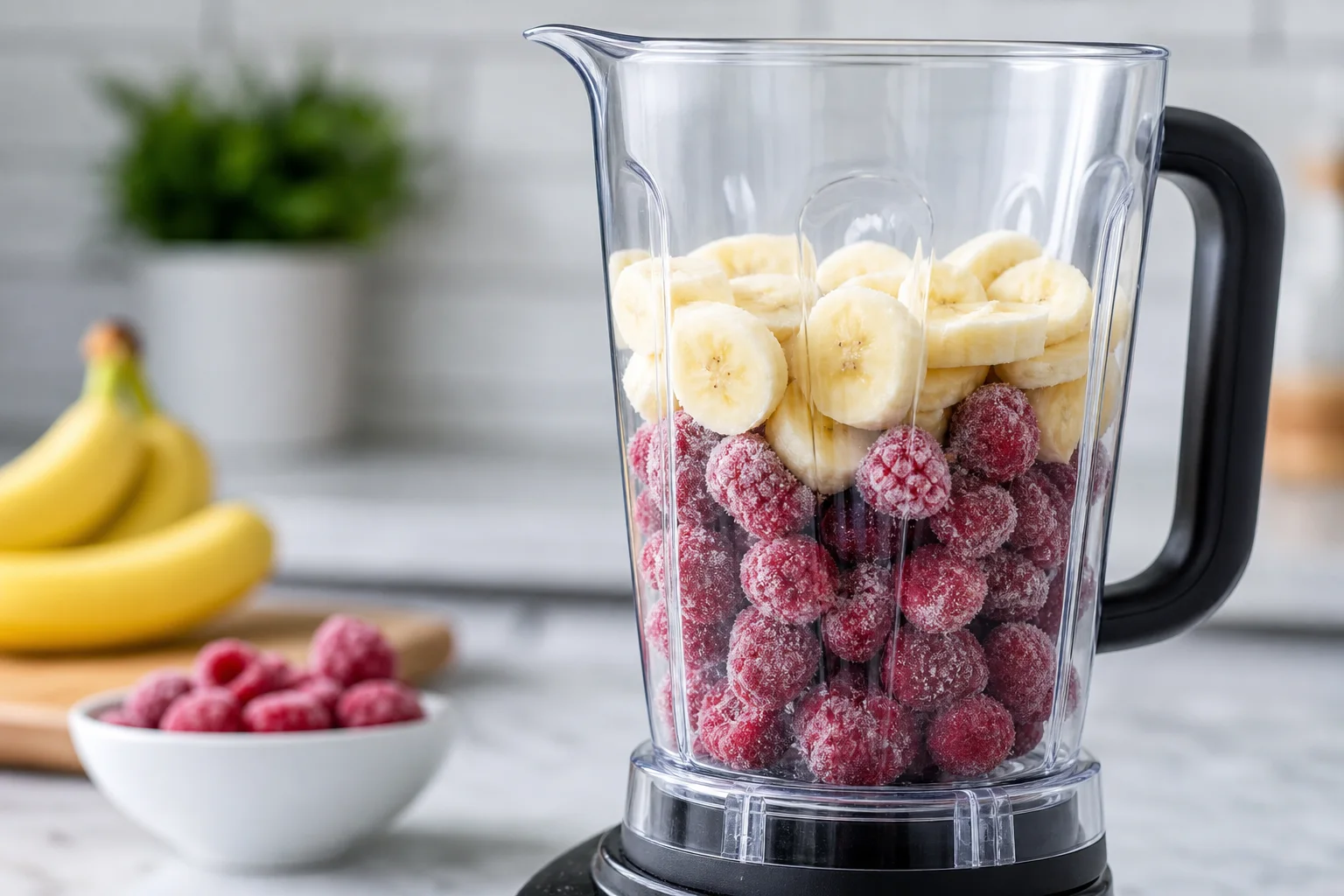 Frozen raspberries and banana slices in a blender pitcher ready for raspberry sunrise smoothie