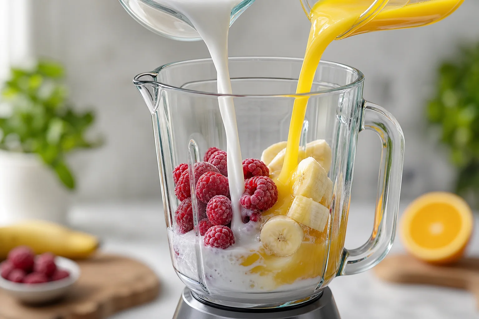 Coconut milk and orange juice being poured into a blender with frozen raspberries and banana