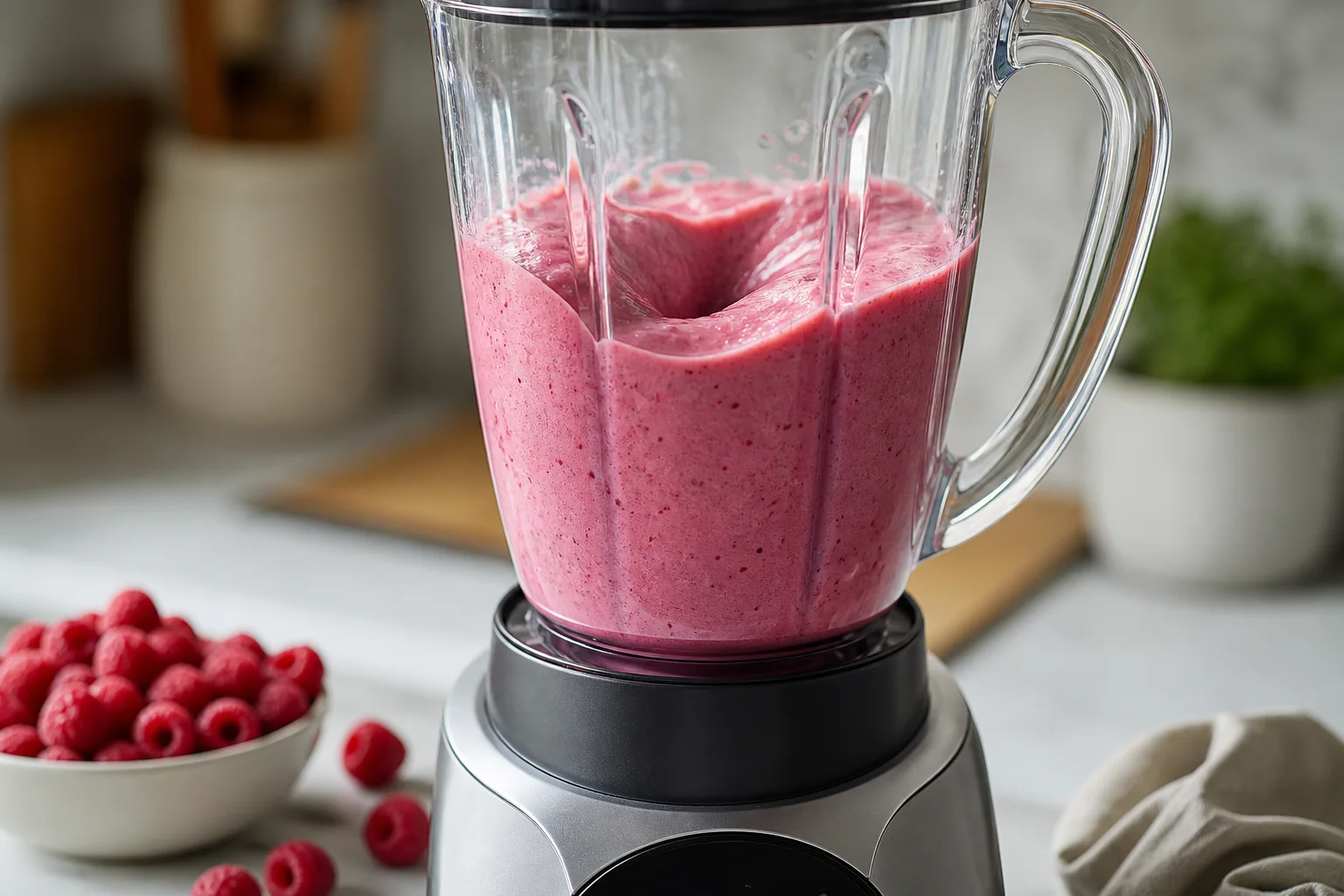 Blender processing raspberry sunrise smoothie base to a thick smooth pink consistency
