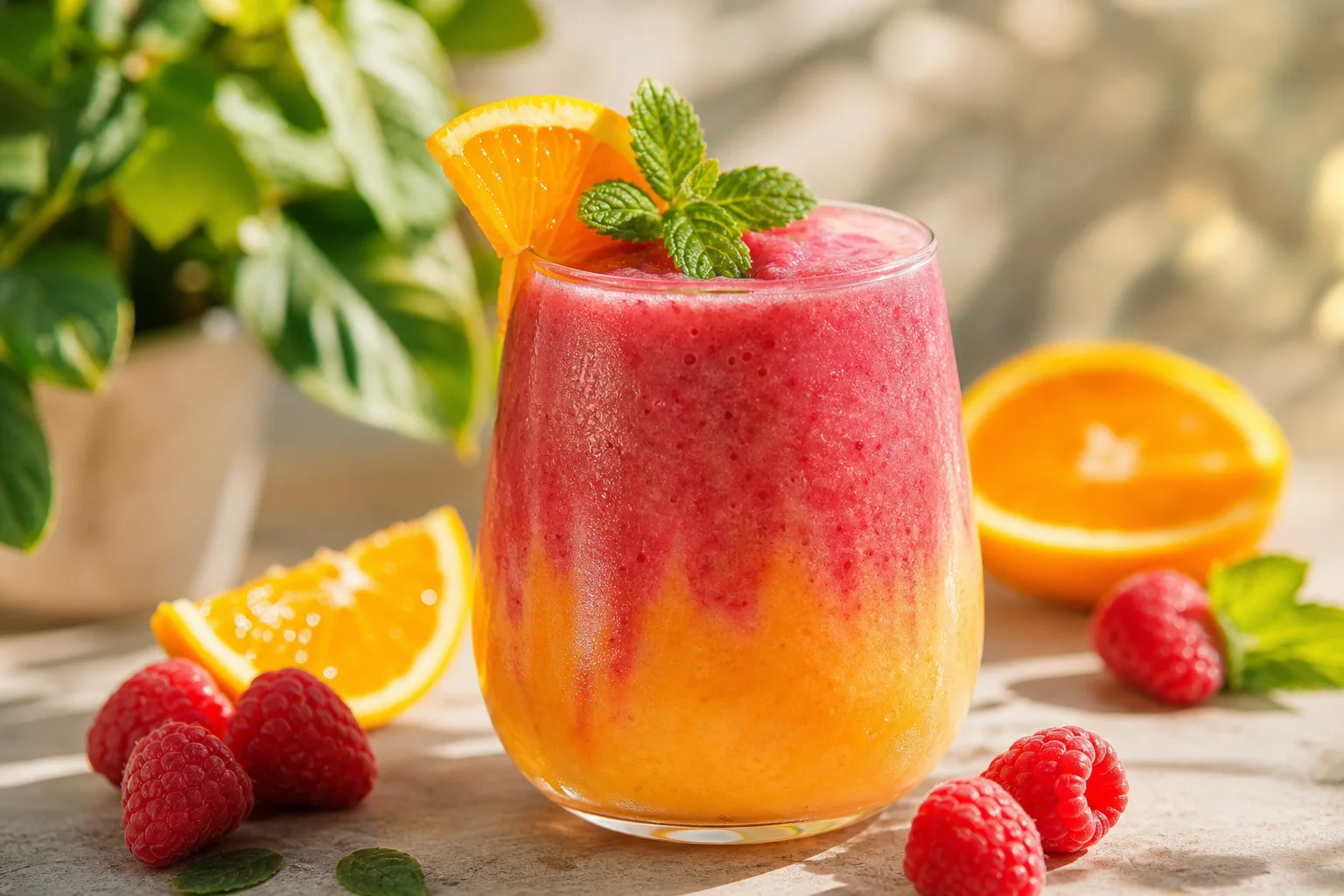 Finished raspberry sunrise smoothie in a clear glass with layered pink and orange colors garnished with mint and orange slice