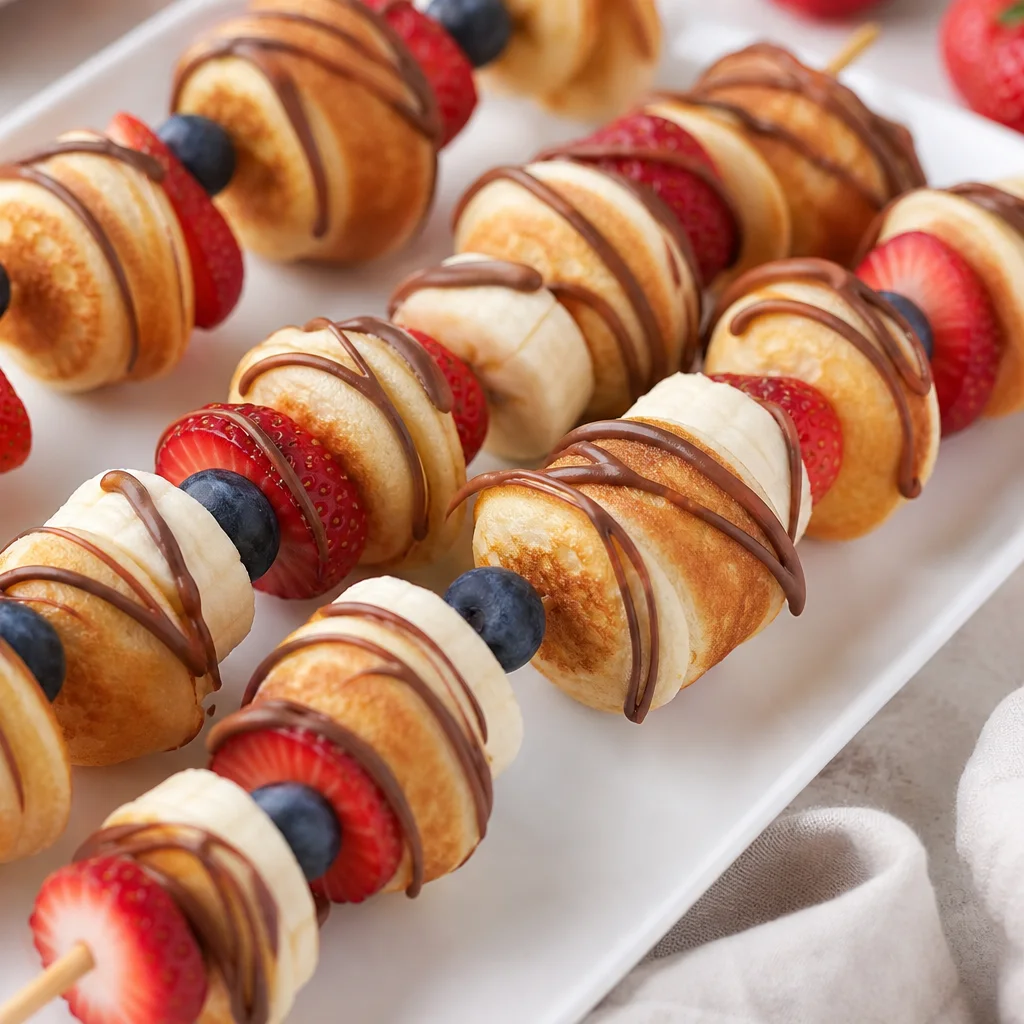 Nutella mini pancake kabobs on wooden skewers with strawberries bananas and blueberries on a white platter