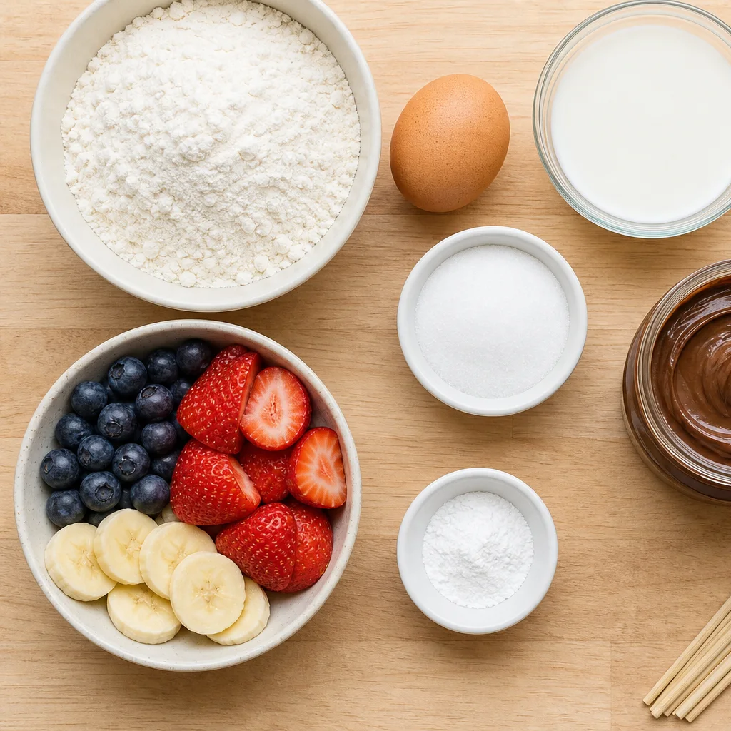 Nutella mini pancake kabob ingredients including flour eggs milk butter fruit and wooden skewers on a cutting board