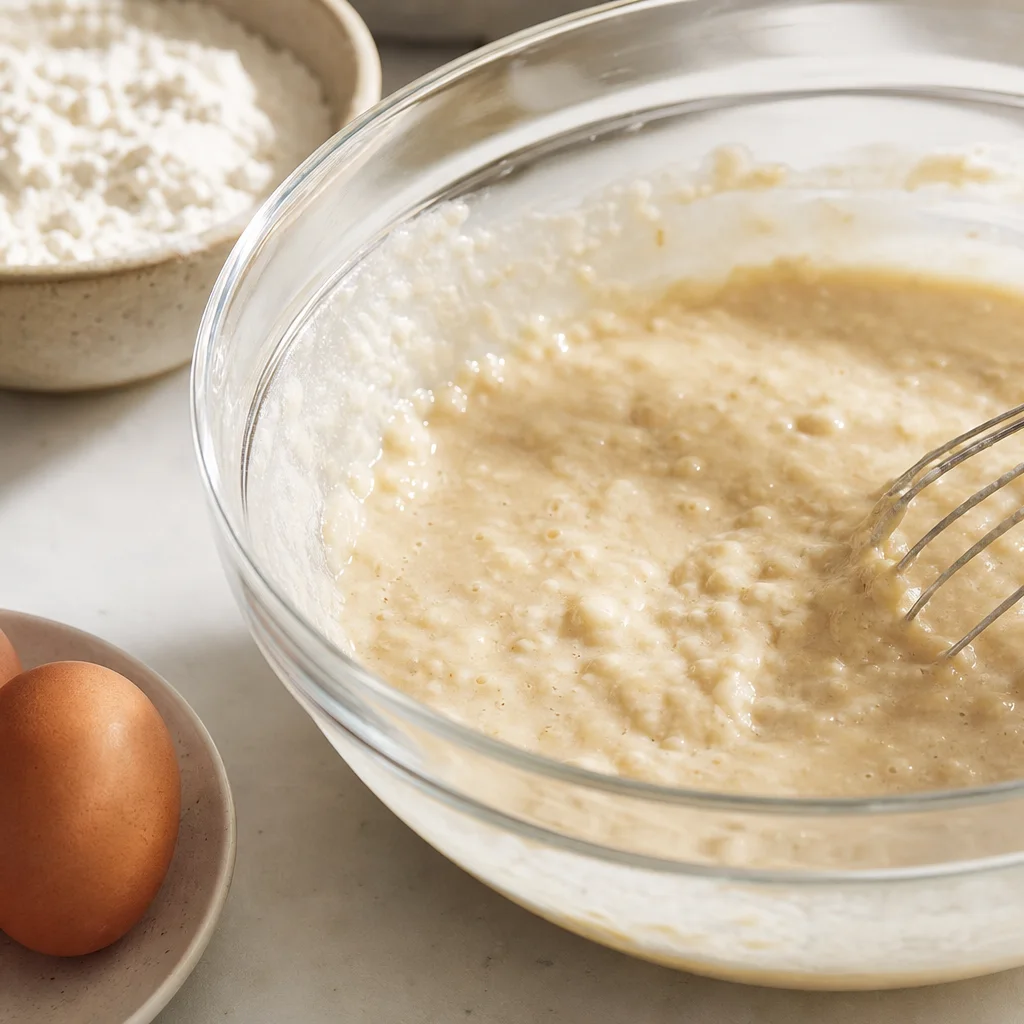 Pancake batter being whisked in a glass mixing bowl on a kitchen counter